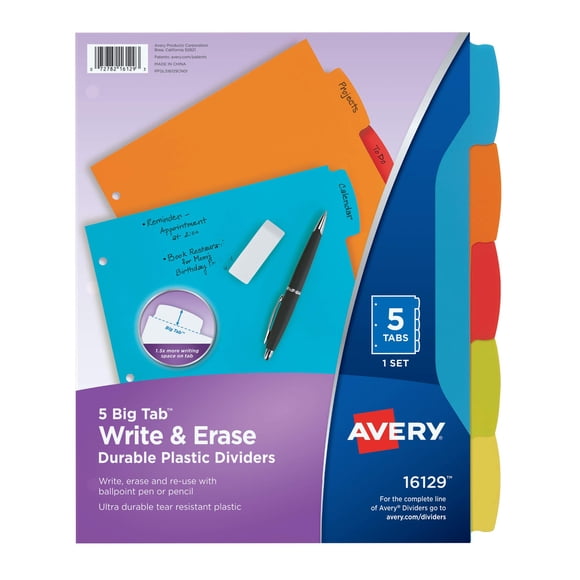 Separadores de plástico Avery Big Tab Write & Erase, juego de 5 pestañas