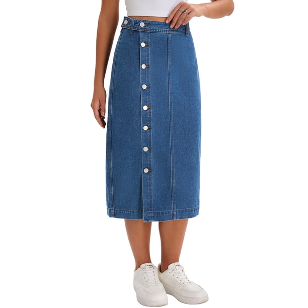 INSPIRE CHIC Falda Midi de Mezclilla para Mujer de Cintura Alta con Botones y Abertura Casual S Azul