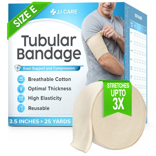JJ CARE Venda tubular elástica de compresión tamaño E (3,5" x 25 yardas (75 pies)) - Funda de soporte duradera de algodón y poliéster para rodilla y espinilla, recuperación de pantorrilla y rodilla