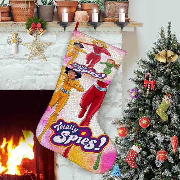 Totally Spies Tema: Calcetines de Navidad, fino lino blanco para colgar en escaleras y chimenea, decoración navideña para el hogar, regalo de Navidad. 45cm × 32cm