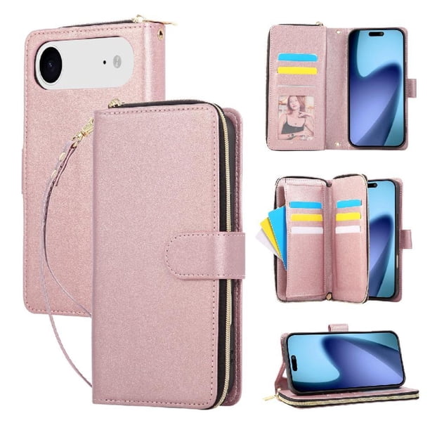Funda Cartera con Cremallera y Correa para iPhone Air Soporte y Tarjetero Oro rosa