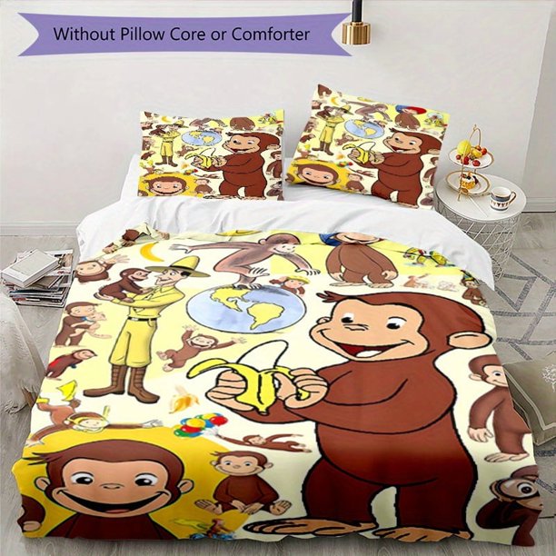 Curious George-Inspired 3pcs Bedding Set - Includes 1 Cover & 2 Pillowcases, Breathable Polyester, Machine Washable - Perfect for All Seasons S294, Home Decor, Bedroom Essentials, Cartoon Theme, Theme