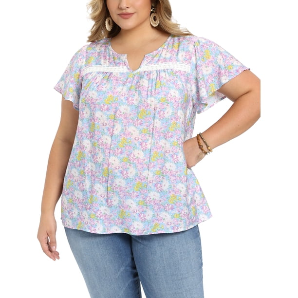 GRACIA Y GRANDEZA Blusa Floral Impresa de Talla Grande para Mujer de Escuela Colegio Pascua Cuello en V con Encaje Mangas con Volantes Top Casual de Verano 2X Lila