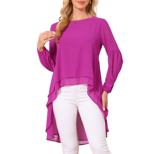 INSPIRE CHIC Blusas asimétricas de gasa casuales elegantes para mujer con mangas largas de linterna y cuello redondo L Púrpura oscuro