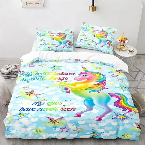 v254 Bed Sheets Cartoon Unicorn Duvet Cover Floral Rainbow Quilt Cover Microfiber Girl's Eyelash Bedding Set Full For Kids Teen Kawaii Room 3-Piece Bedding Set (1 Duvet Cover + 2 Pillow Shams) Bed She