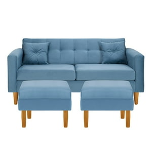 Bodevir - Sofa New Retro 3C + 2 Pouf Felpa 04 Azul Petroleo