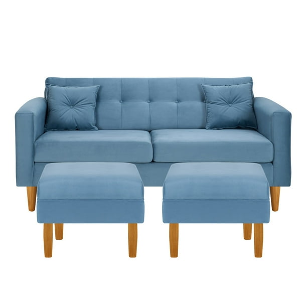 Sofa New Retro 3c + 2 Pouf Felpa 04 Azul Petroleo