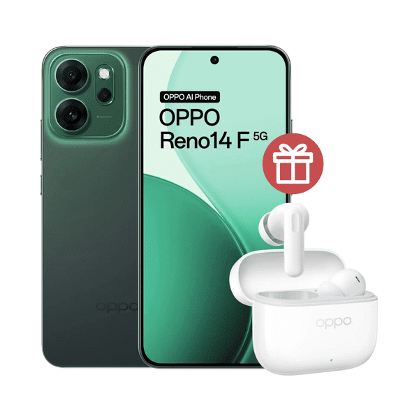 Smartphone OPPO Reno14 F Verde + Audífonos Enco Buds3 Pro Blanco Pack