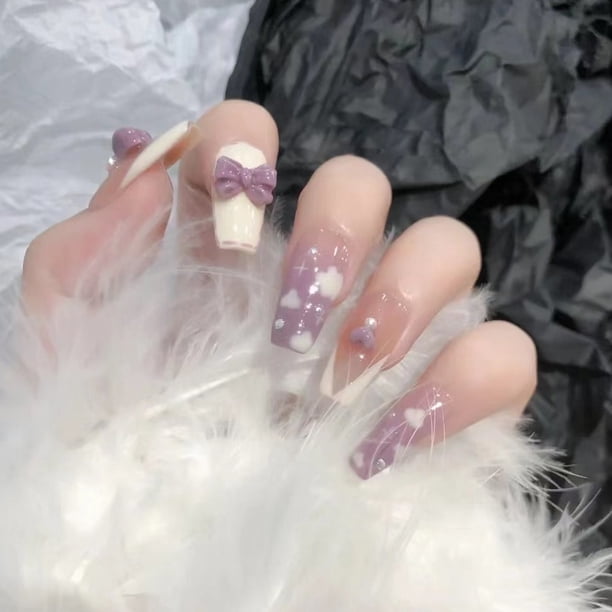 24 pcs White Cloud Removable Gel Nail Kit - 24 Vine Purple Fake Nails for Long-Lasting, Stylish Manicures