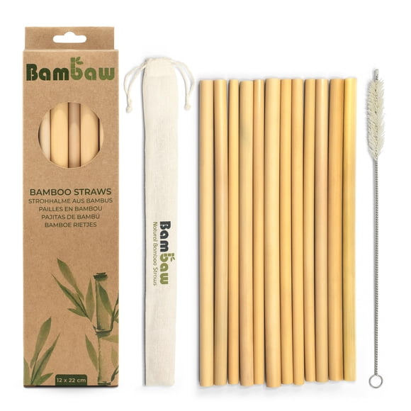 Bambaw Pajillas de Bambú Pack de 12 con Cepillo Limpiador de 22 cm