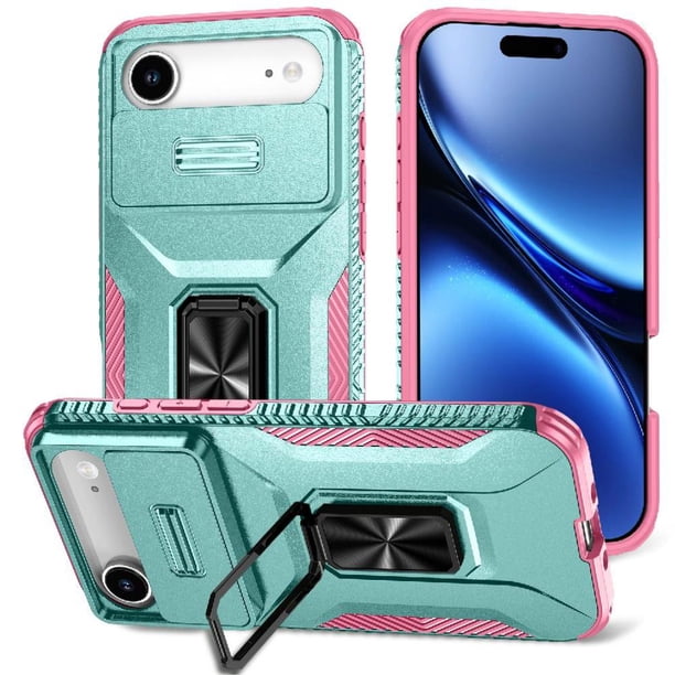 Funda Armada para iPhone 17 Air con Tapa Deslizante y Soporte Magnético Giratorio Verde