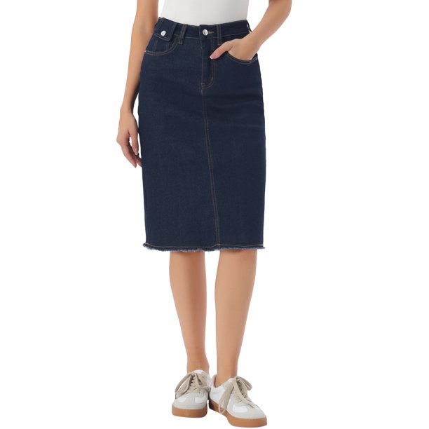 INSPIRE CHIC Falda de Mezclilla de Cintura Alta para Mujer Falda de Jean de Largo a la Rodilla con Dobladillo Deshilachado y Bolsillos Azul Marino L