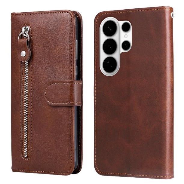 Funda tipo cartera para Samsung Galaxy S26 Ultra con bolsillo con cremallera y ranuras para tarjetas – Función de soporte Marrón