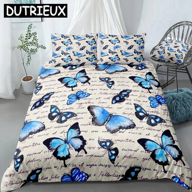 Blue Butterflies Duvet Cover Set 3 Pieces Hand Written Text Note Bedding Kids Boys Girls Animal Quilt Cover Dropship