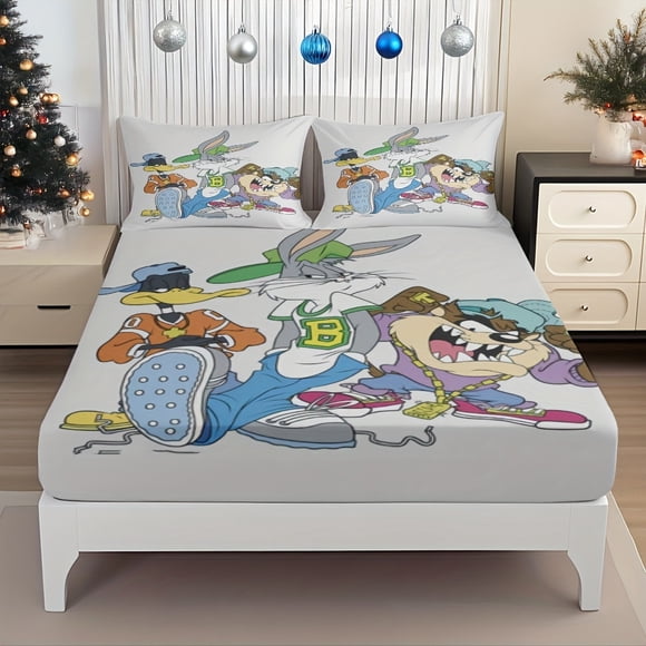 Hip Hop Cartoon Character Trendy Fitted Sheet Set - Featuring Daffy Duck Sylvester the Cat & The Demon Devil Elastic Design Ensure