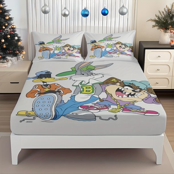 Hip Hop Cartoon Character Trendy Fitted Sheet Set - Featuring Daffy Duck Sylvester the Cat & The Demon Devil Elastic Design Ensure