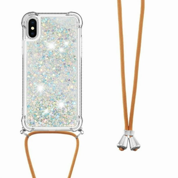 Funda FOXDOCK para iPhone X/Xs con Cuerda Ajustable, Brillo Líquido, Protección Antigolpes y Lente – Ideal para Regalo