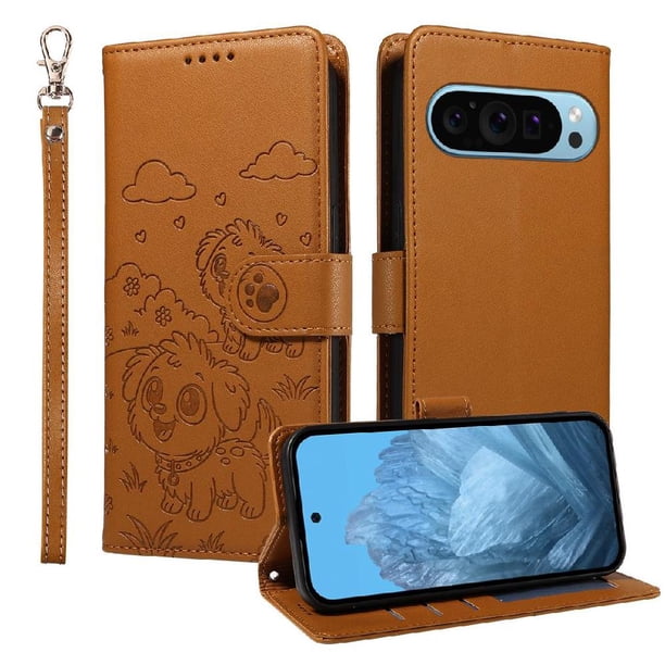 Funda Cartera para Google Pixel 10 Pro XL Perro Cachorro Grabado con Tarjetas Soporte Correa Marrón