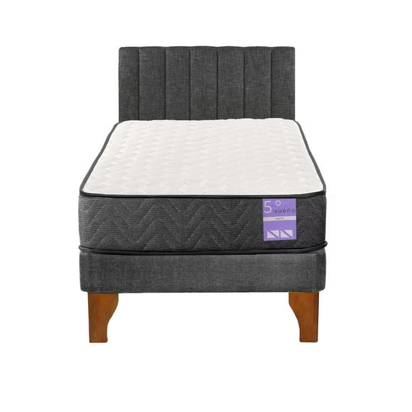 Cama Europea 1,5 Plaza + Respaldo Tubular Madera Gris