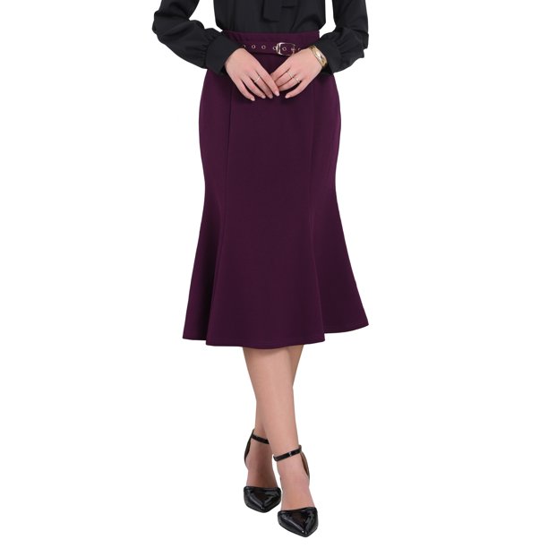 INSPIRE CHIC Falda Elegante de Mujer con Cola de Sirena, Cintura Alta, Cinturón, Trabajo, Midi, XL, Púrpura