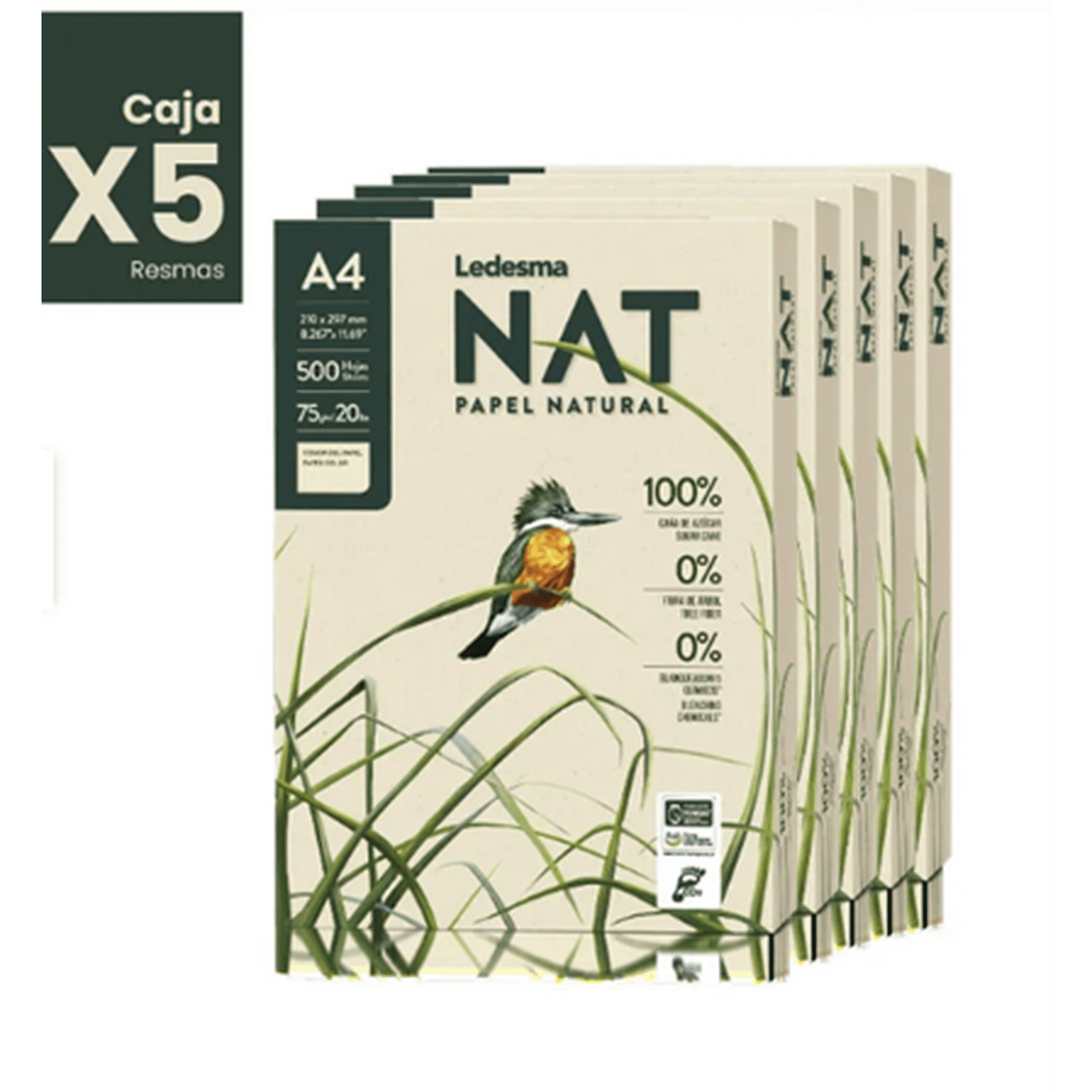 Ledesma - Pack 5 Resmas A4 Papel Ecológico 500 Hojas C/u Caña De Azúcar