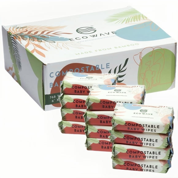 Toallitas húmedas para bebé Eco Wave de bambú, 100% compostables, sin fragancia, paquete de 12