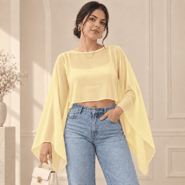Blusa Mujer Tul Transparente Manga Acampanada Elegante Fiesta amarillo Talla Única