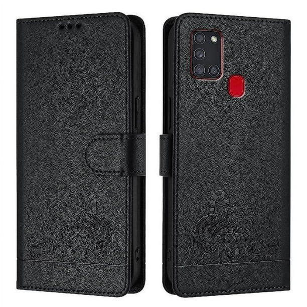 Funda tipo cartera FOXDOCK para Samsung Galaxy A21S con soporte, ranuras, RFID, diseño de gato