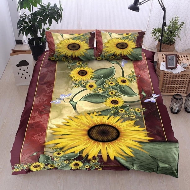 Beautiful Sunflower Quilt Duvet Cover Set Home Textiles Queen Pillowcase Soft3-Piece Bedding Set