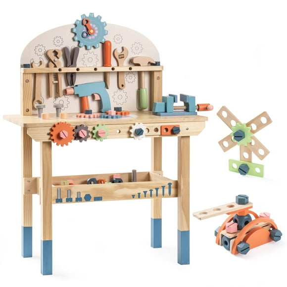 Juego de bancos de herramientas ROBOTIME, banco de trabajo de madera para niños con 41 piezas