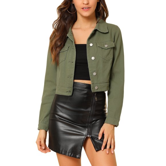 INSPIRE CHIC Chaquetas de Mezclilla Recortadas para Mujer con Bolsillo en el Pecho, Ribete a Cuadros, Botones Abajo, Chaqueta de Jean S Verde Oliva