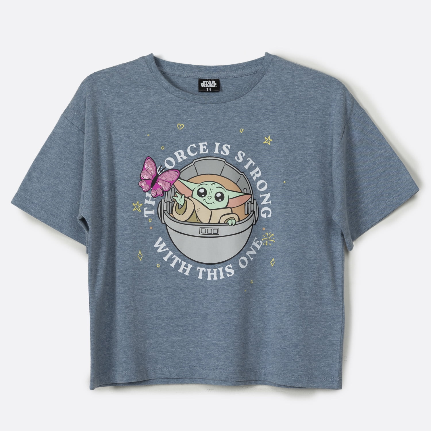 Polera Manga Corta Niña Baby Yoda Azul Star Wars