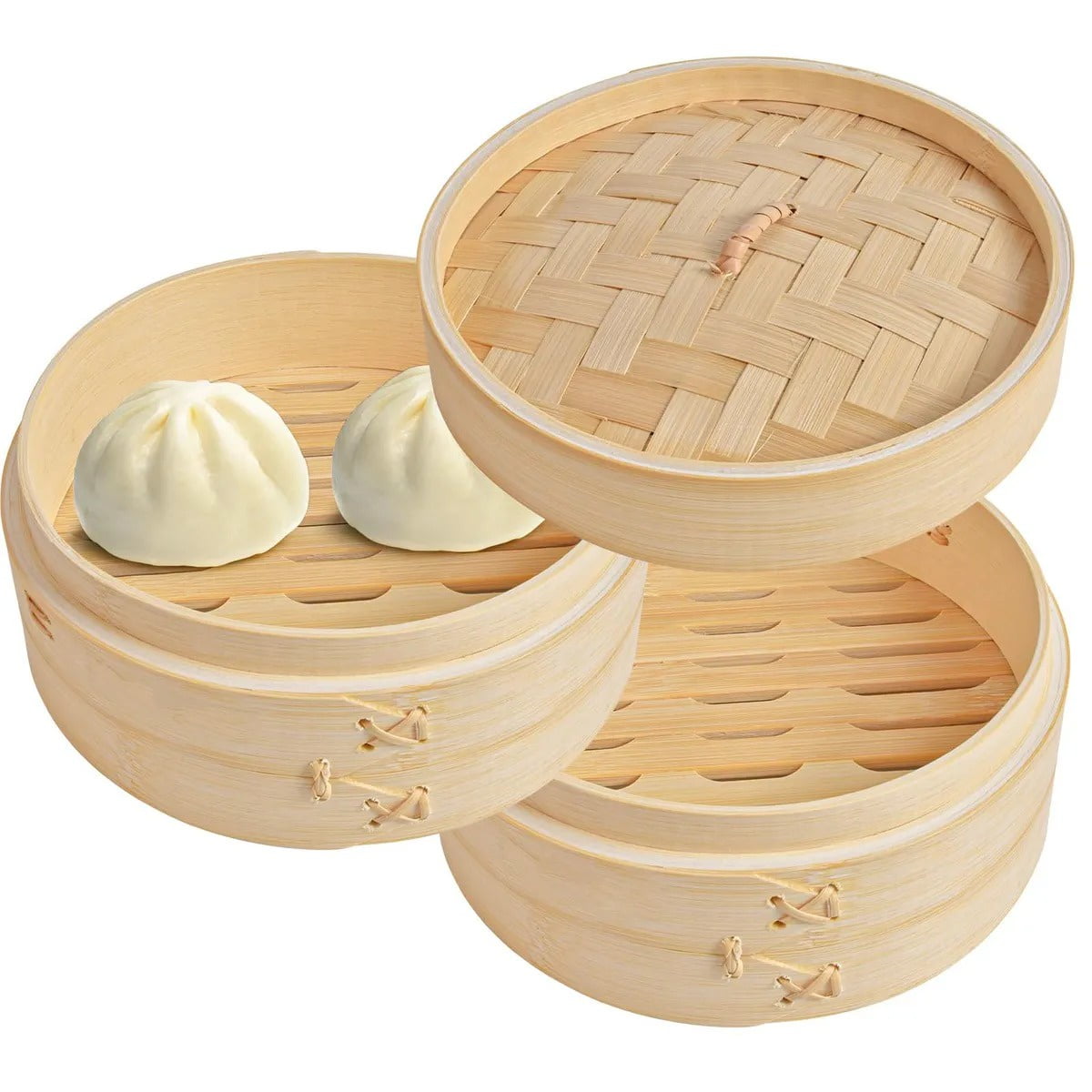 Genérica - Juego De Vaporeras De Bambú - 28cm Grande Para Dumplings De 2 Niveles Para Ollas - Cocina Asiática Dim Sum Bao Buns Momo Arroz - Kit De Vaporeras Chinas Naturales