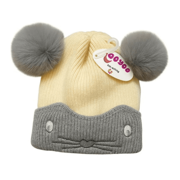 GORRO DE LANA INFANTIL DISEÑO RATON CON CHIPORRO Y POMPONES BEBE UNISEX