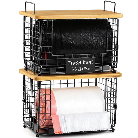 AOZITA Soporte apilable para bolsas de basura con tapa de bambú