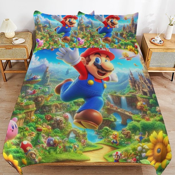 Super Mario 3-Piece Comforter Set for Bedroom Super Mario Bedding Set for Kids Adults Soft Microfiber Duvet Cover Set with Zipper Closure