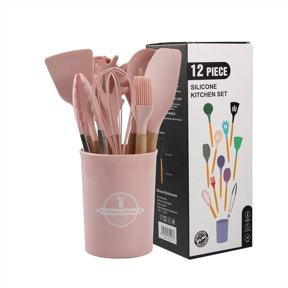 Set de Utensilios de Cocina de Silicona y Madera (12 Piezas) – Rosado