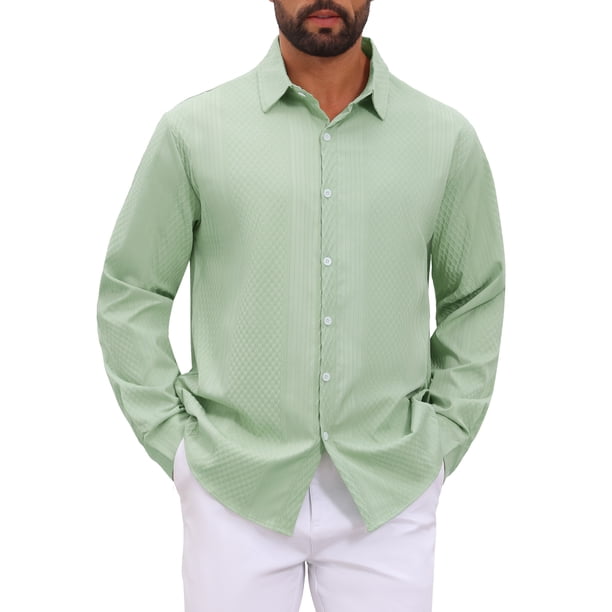 Camisas Texturizadas de Jacquard de Color Sólido con Botones y Mangas Largas para Hombre INSPIRE CHIC L Verde