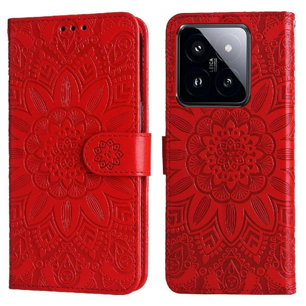 Funda tipo cartera FOXDOCK para Xiaomi 14 Pro , diseño girasol en relieve, cuero PU, cierre magnético, soporte y tarjetero