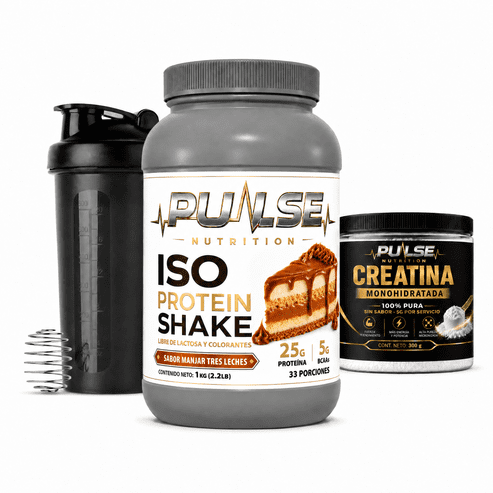 PACK PROTEINA ISO SHAKE 2.2LB MANJAR TRES LECHES +CREATINA SIN SABOR 300GR + SHAKER- PULSE NUTRITION