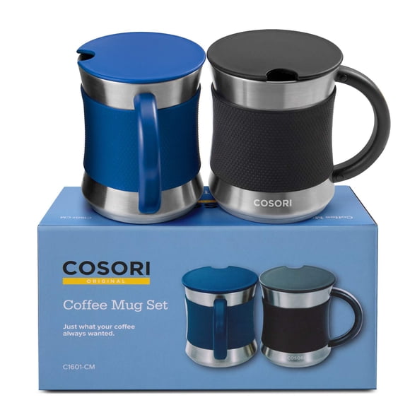 Juego de tazas de café COSORI de acero inoxidable de 500 ml con tapa negra y azul