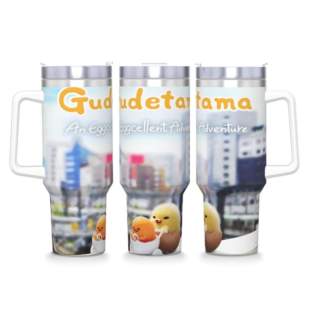 Gudetama: Una Aventura Huevamente Increíble Vaso aislado de acero inoxidable con asa, diseño temático, regalo para familia, amigos y fans; incluye pajita y encaja en el portavasos estándar, 40 oz