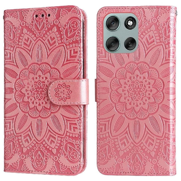 Funda tipo cartera FOXDOCK para Motorola Moto G56 , diseño girasol en relieve, cuero PU, cierre magnético, soporte y tarjetero