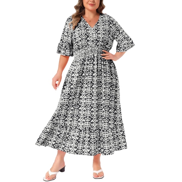Agnes Orinda Vestido Largo Bohemio de Línea A con Mangas de Campana a Media Manga y Cuello en V para Mujer Talla Grande 1X Negro