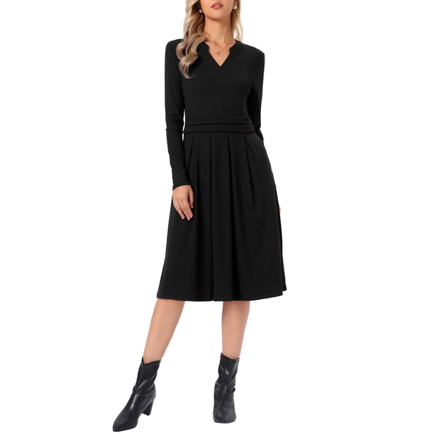 Vestido de punto INSPIRE CHIC para mujer con cuello en V, manga larga, elástico, longitud hasta la rodilla, casual, línea A, XL, negro