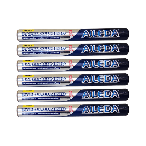 Pack 6 Rollo Papel Aluminio Aileda 7.5m x 30cm Cocina
