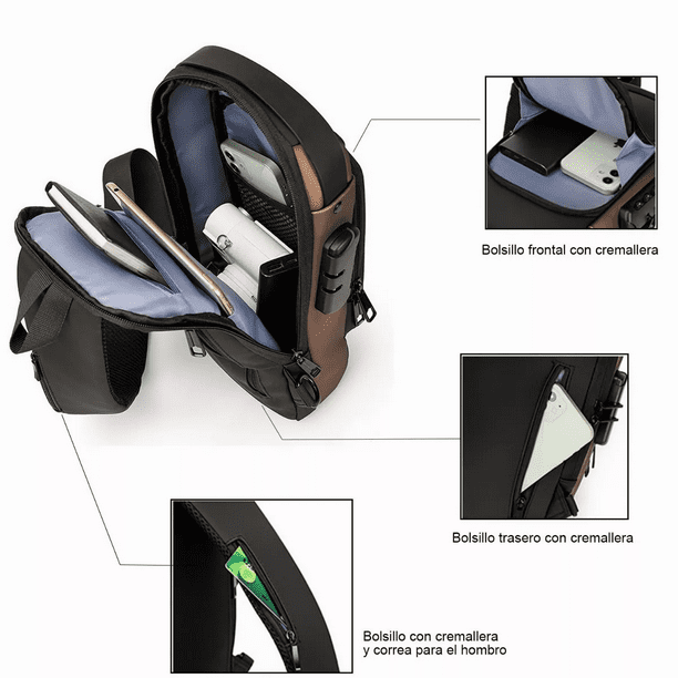 Mochila Cruzada Antirrobo Impermeable Para Hombre Marrón