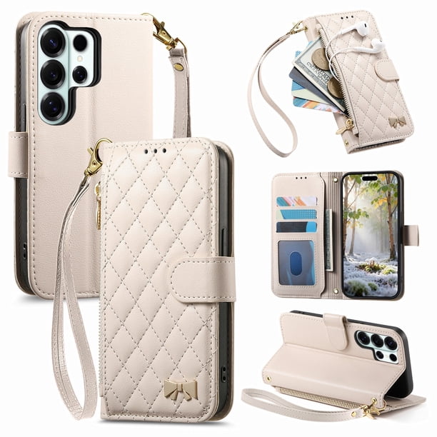 Funda tipo cartera FOXDOCK para Samsung Galaxy S26 Ultra, estampado de diamantes, con ranuras para tarjetas, soporte y cremallera - Blanco