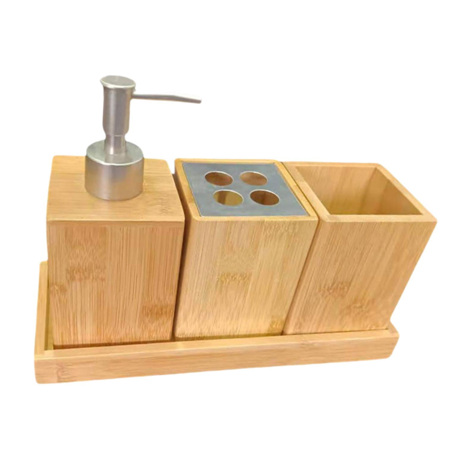 Magideal - 4x Set De Accesorios De Baño Taza De Cepillo De Dientes Artículos De Tocador De Bambú Soporte De Cepillo De Dientes Dispensador De Jabón Para Encimera