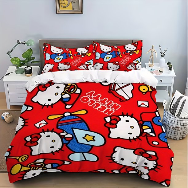 Sanrio'S Adorable Hello Kitty bedding Features a Vibrant Hot Printed Design And Includes a Duvet Cover Along with Two Pillowcases